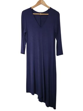 EILEEN FISHER Midnight Blue V- Neck Asymmetrical Hem Jersey Dress Womens XS